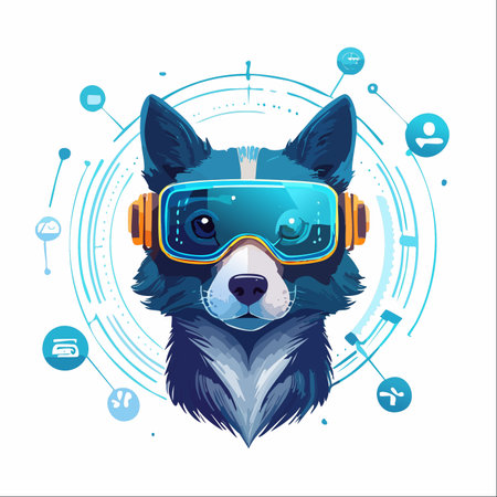 A smart dog wearing a futuristic VR headset, deeply immersed in the digital world of the metaverse.のイラスト素材