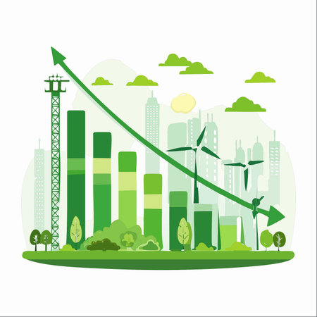 An illustration depicting the volatile path of a green economy. An upward arrow signifies growth in sustainable investments and renewable energy, like wind turbines in a modern city.のイラスト素材