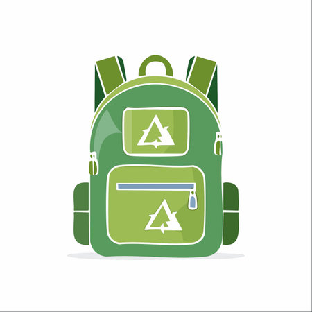 An illustration of a green school backpack featuring the universal recycling symbol.のイラスト素材