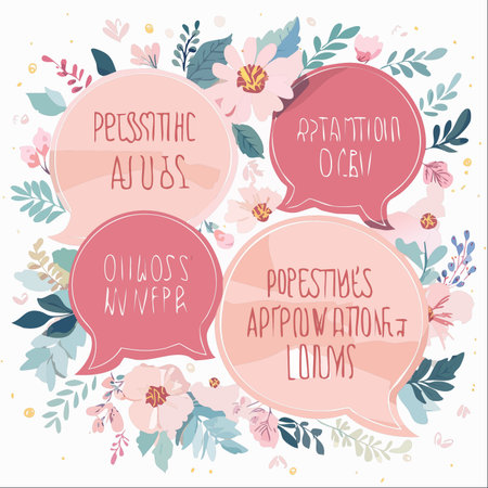 A beautiful and elegant illustration featuring four speech bubbles nestled among a delicate arrangement of pastel flowers and leaves.のイラスト素材