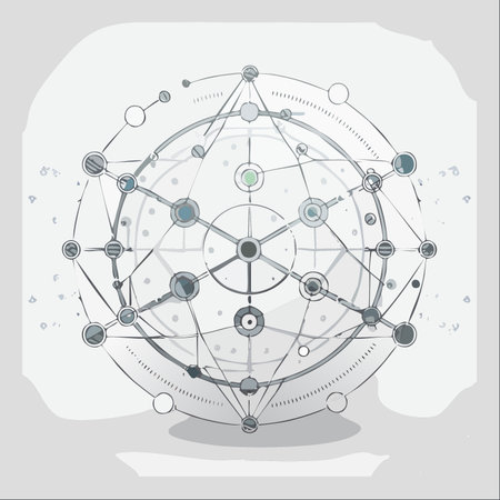 A hand-drawn illustration depicting a complex, interconnected global network. Nodes and pathways represent the flow of data, communication, and ideas in a futuristic technological system.のイラスト素材