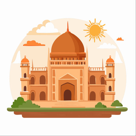 A vibrant illustration captures the majestic beauty of a famous Indian landmark, basking in the warm glow of a sunny day.のイラスト素材