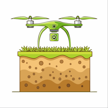 A modern green drone with a camera hovers over a cross-section of earth, illustrating the concept of smart farming.のイラスト素材
