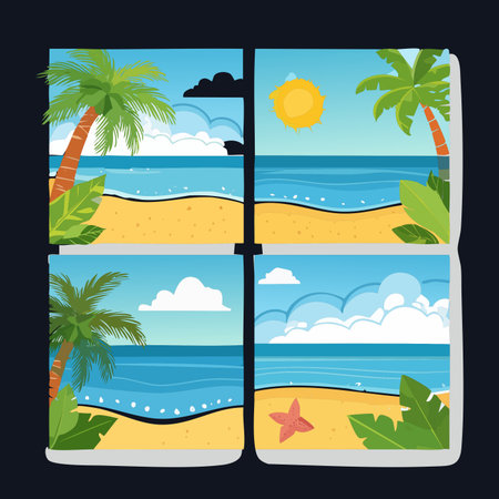 A collection of four vibrant illustrations capturing the essence of a perfect summer getaway.のイラスト素材