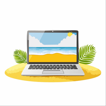An open laptop rests on a sandy shore, flanked by tropical palm leaves. The screen displays a beautiful beach scene, blurring the lines between work and paradise.のイラスト素材