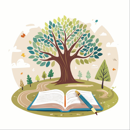 In a peaceful landscape, a magnificent tree of wisdom stands tall, its roots deep in the earth and its branches reaching for the sky.のイラスト素材