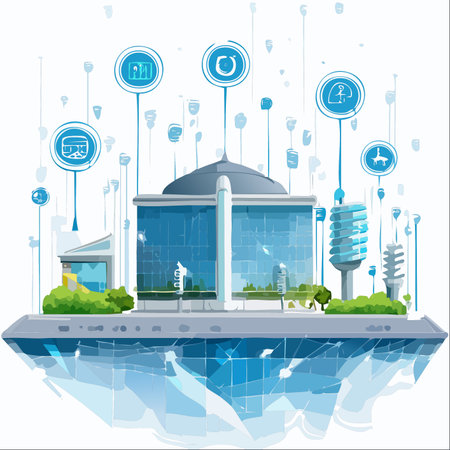 An illustration of a futuristic smart city, where a central intelligent building manages essential services like energy, recycling, and transportation through a connected digital network.のイラスト素材