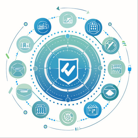 A central shield with a checkmark symbolizes a robust security core, protecting an interconnected network of business operations.のイラスト素材