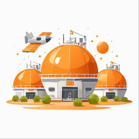 A solar-powered spacecraft flies over a newly established colony on a distant orange planet.のイラスト素材