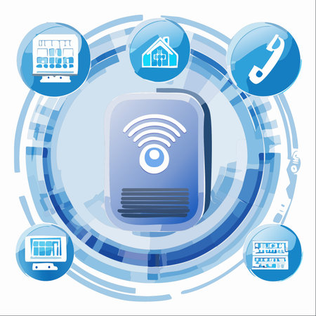 A central hub radiates wireless signals, seamlessly connecting a network of smart home devices, communication systems, and data centers.のイラスト素材