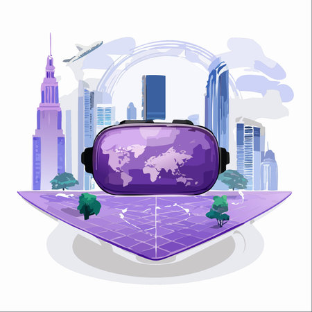 Step into a new dimension of travel and exploration. With these VR goggles, the entire world and its bustling cities are at your fingertips.のイラスト素材