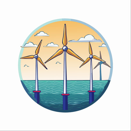 A serene view of an offshore wind farm at dawn or dusk, with turbines spinning gracefully over the...
