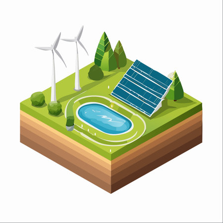 An isometric depiction of a sustainable future, where clean energy is seamlessly integrated into the landscape.のイラスト素材