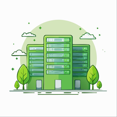 An illustration representing the future of technology, where powerful data centers operate in harmony with nature.のイラスト素材