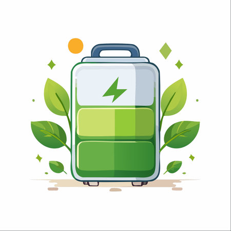 Embark on a journey powered by nature. This illustration features a portable battery, cleverly designed as a suitcase, symbolizing the future of sustainable travel and clean, renewable energy.のイラスト素材