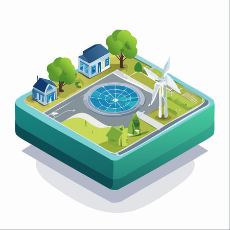 An isometric illustration of a futuristic, self-sufficient neighborhood.のイラスト素材