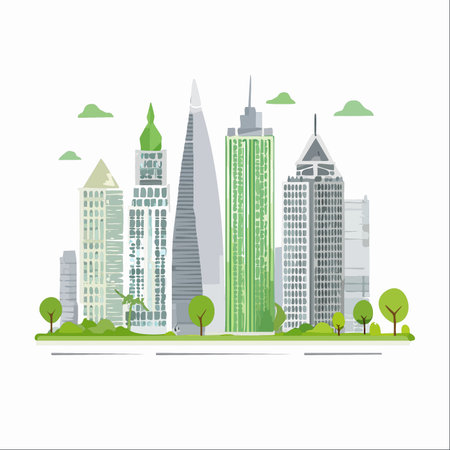 An illustration of a futuristic metropolis where modern architecture and nature coexist in perfect harmony.のイラスト素材