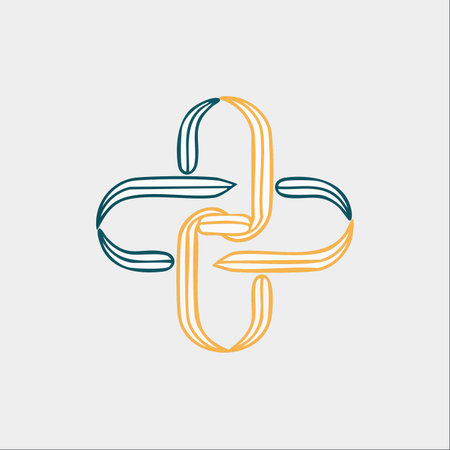 A modern and elegant abstract logo featuring two continuous lines, one teal and one gold, intricately interwoven to form a symmetrical cross or plus symbol.のイラスト素材