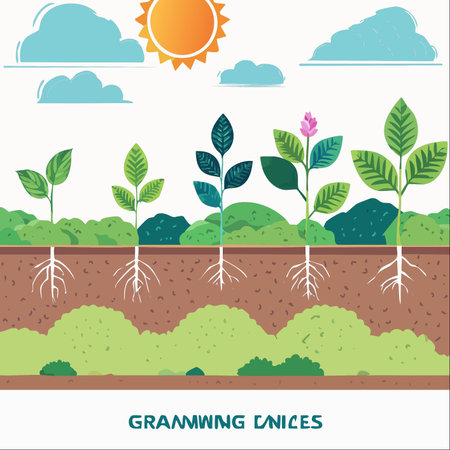 An educational vector illustration showing the complete life cycle of a plant, from a tiny sprout to a fully grown, flowering specimen.のイラスト素材
