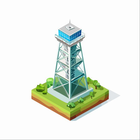An isometric illustration of a modern surveillance or observation tower, standing tall on a lush green plot of land.のイラスト素材