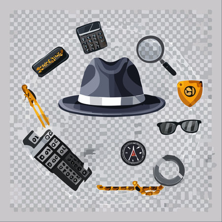 A collection of essential tools for a private investigator or secret agent, laid out and ready for the next case. This vector set evokes a sense of mystery, espionage, and classic noir investigation.のイラスト素材