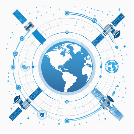 A network of advanced satellites orbits Planet Earth, creating a seamless web of global communication and data transmission.のイラスト素材