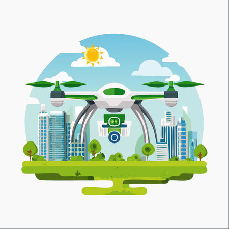 A futuristic delivery drone hovers over a lush, green cityscape on a bright sunny day.のイラスト素材