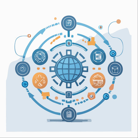 A dynamic infographic illustrating the interconnected nature of modern global business.のイラスト素材