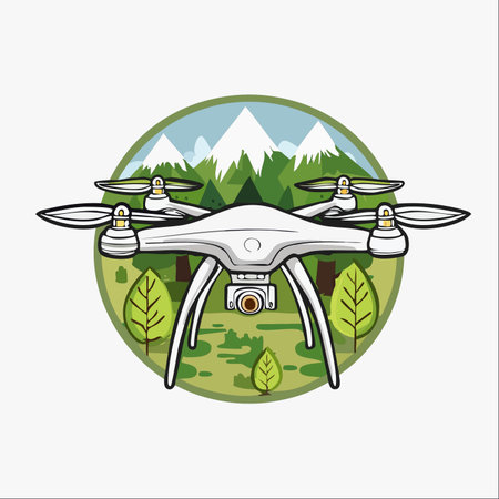 An illustration of a modern quadcopter drone hovering over a lush green forest with majestic, snow-capped mountains in the background.のイラスト素材