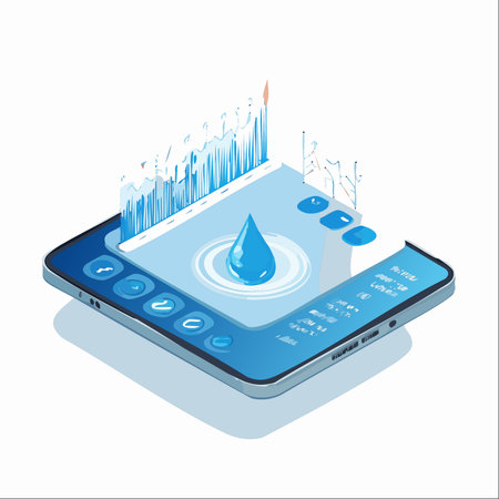 An isometric illustration showcasing a modern smartphone with an innovative application for water resource management.のイラスト素材