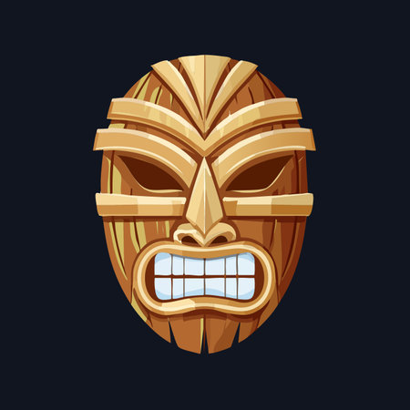 A powerful and intricately carved wooden tiki mask, isolated on a white background.のイラスト素材