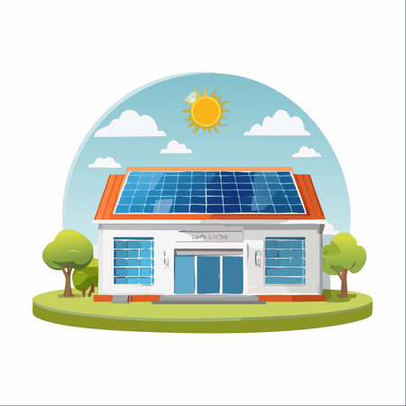 An illustration of a modern home embracing a sustainable future. Rooftop solar panels glisten under a bright sun, symbolizing a commitment to clean, renewable energy and an eco-friendly lifestyle.のイラスト素材