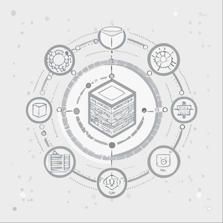 A central data cube, representing a core processor or blockchain, is interconnected with various technological processes in a circular network.のイラスト素材