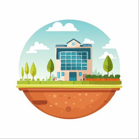 A concept illustration of a sustainable future, where a modern, eco-friendly building with a small garden rests on a floating island.のイラスト素材