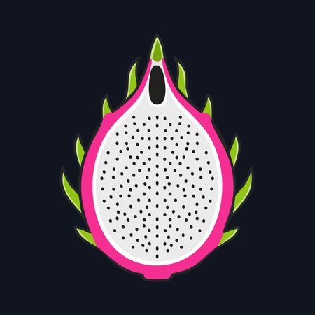 A vibrant and fresh illustration of a sliced dragon fruit, showcasing its bright pink skin, crisp white flesh, and tiny black seeds.のイラスト素材