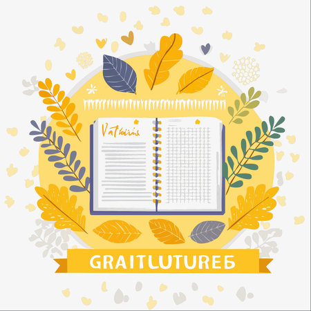 An open notebook rests amidst a beautiful arrangement of autumn leaves and foliage.のイラスト素材