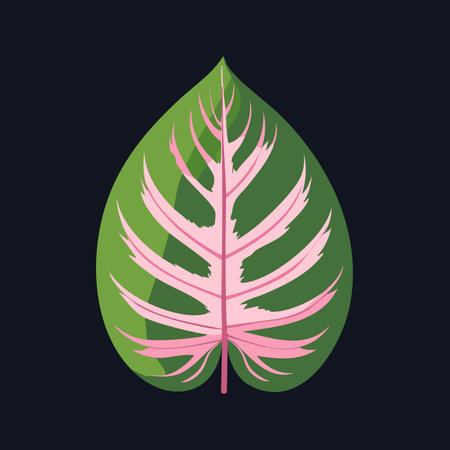 A single, beautifully illustrated tropical leaf showcases striking pink variegation against a deep green background.のイラスト素材