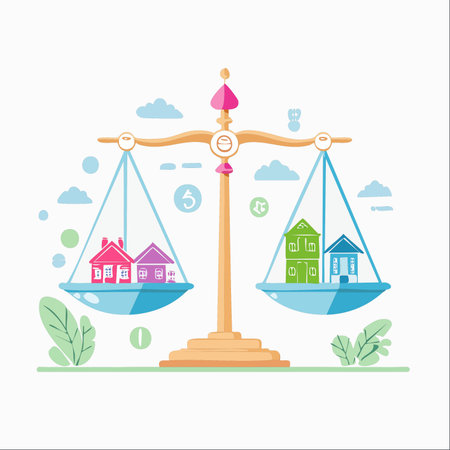 A colorful vector illustration depicting a balance scale weighing different houses, symbolizing the complexities of the real estate market.のイラスト素材