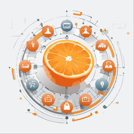 An orange, representing natural health, is at the center of a sophisticated digital network.のイラスト素材