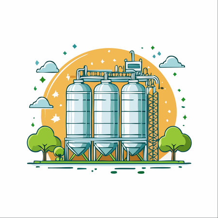 A clean and modern vector illustration depicting a biofuel processing plant with large storage silos.のイラスト素材