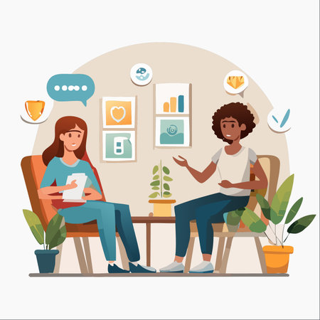 A compassionate therapist listens attentively as her client shares her thoughts and feelings.のイラスト素材