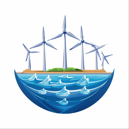 An illustrative concept showcasing the harmony between nature and technology. Wind turbines stand tall on a serene coastline, harnessing the power of the wind over clean, blue ocean waves.のイラスト素材