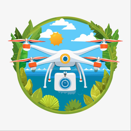 A modern quadcopter drone with a high-resolution camera hovers over a sparkling tropical sea, capturing breathtaking aerial views of a sunny paradise.のイラスト素材