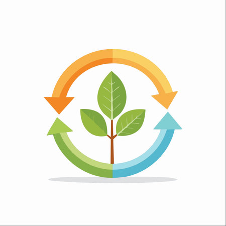 A vibrant green sapling thrives at the center of a continuous, colorful cycle of arrows, representing the principles of sustainability, ecological balance, and the circular economy.のイラスト素材