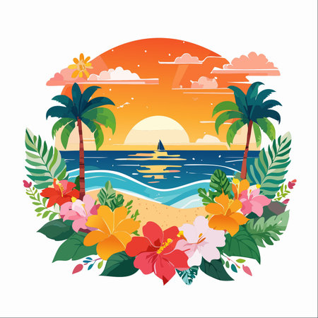A serene tropical paradise captured in a vibrant illustration. The sun sets over a calm ocean as a lone sailboat glides by, framed by lush palm trees and colorful hibiscus flowers.のイラスト素材