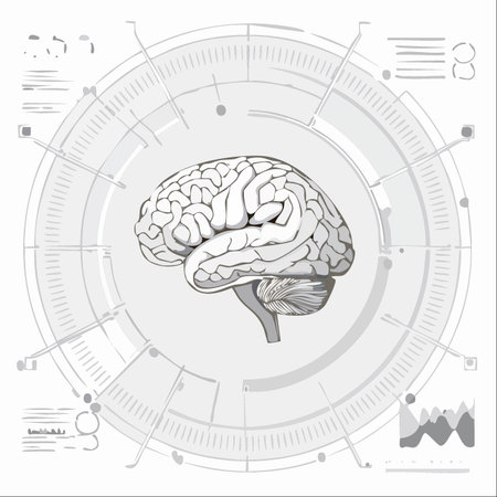 An intricate illustration showcasing a human brain at the center of a futuristic heads-up display.のイラスト素材