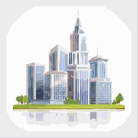 A clean, modern vector illustration of a bustling city skyline, complete with towering skyscrapers and a tranquil green park.のイラスト素材
