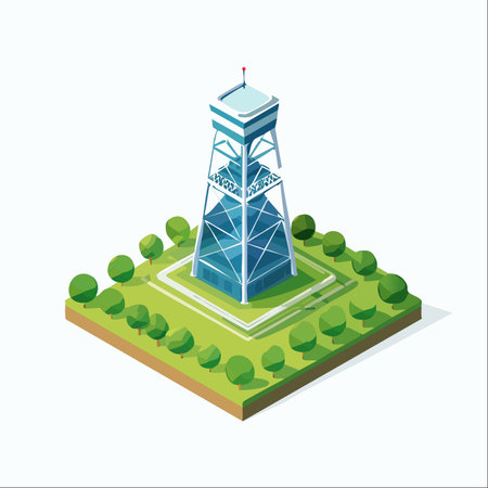 An isometric illustration of a modern airport control tower, serving as a central hub for aviation and communication.のイラスト素材