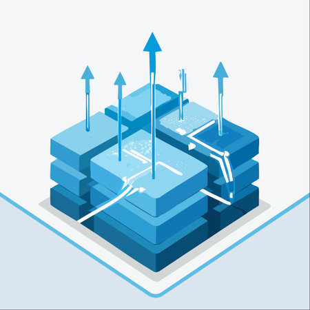 An isometric illustration of a modern technology stack, showcasing multiple layers of data processing and infrastructure.のイラスト素材