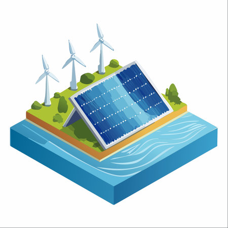 An isometric depiction of a sustainable future, where a small island is powered entirely by clean, renewable resources.のイラスト素材